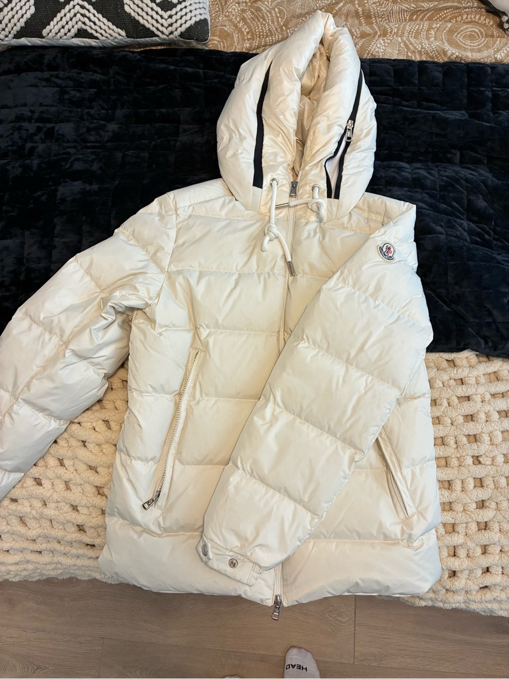 Moncler Cream Quilted Hooded Down Jacket